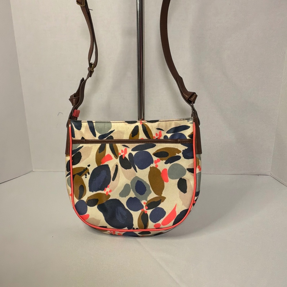 🏷️ Fossil Abstract Floral Canvas Crossbody Bag Brown Leather Trim Coral Piping